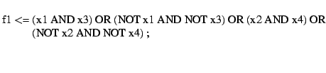 $\textstyle \parbox{12.5cm}{
\begin{tabbing}
f1 $<$= \=(x1 AND x3) OR (NOT x1 AN...
...T x1 AND NOT x3) OR (x2 AND x4) OR\\
\>(NOT x2 AND NOT x4) ;\\
\end{tabbing}}$